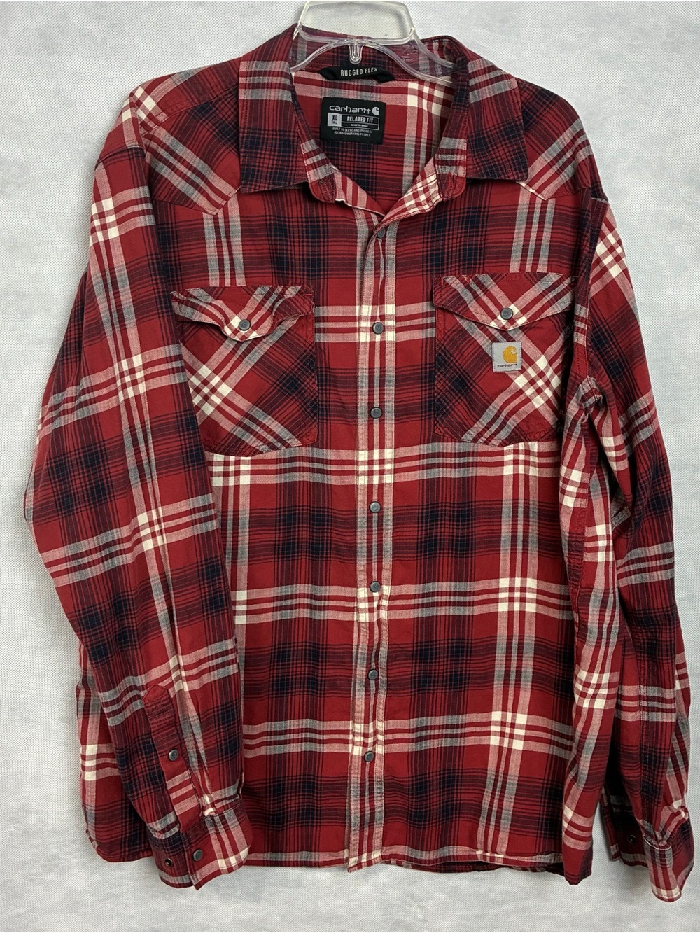 Carhartt Flannel Shirt Mens XL Tall Red Black Plaid Relaxed Fit Rugged Flex Work